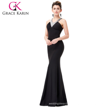 Grace Karin piso longitud perlas vestidos formales negro Bodycon vestidos de noche largos CL6157